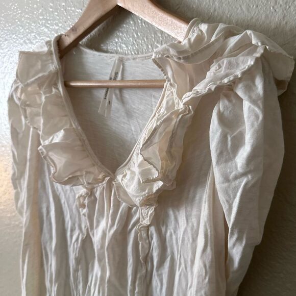 Anthropologie Cream Puff Sleeve Ruffle Long Sleeve Top Size XP Petite Cotton - Picture 3 of 5